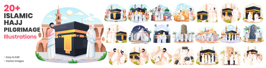 Wall Mural - Mega Collection of Islamic Hajj Pilgrimage Illustrations. Muslim People Perform Hajj and Umrah. Muslim Hajj Characters Wear Ihram Clothes With a Kaaba Background