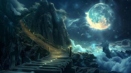 Wall Mural - enchanted skies a whimsical fantasy landscape with a wooden bridge leading to the heavens illuminated by a majestic moon digital illustration