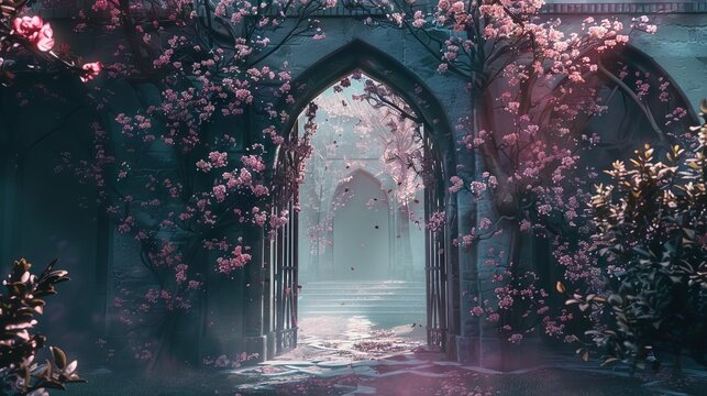 fairy tale romance enchanted floral arch adorns castle entrance magical love story unfolds concept art