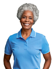 Wall Mural - African American woman in her 60s wearing costume service uniform with light blue polo t-shirt and smiling over isolated transparent background