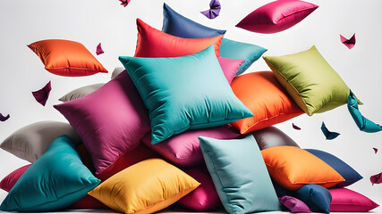 Wall Mural - Colorful pillows are flying on a white background, Generative AI