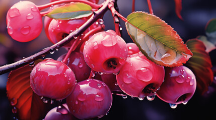 Poster - Fresh Red Berries with Dew Drops on Leaves