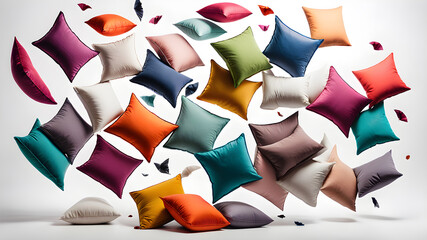 Wall Mural - Colorful pillows are flying on a white background, Generative AI