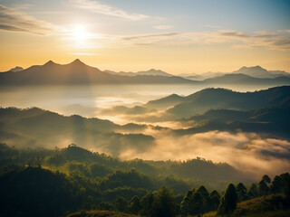 Wall Mural - Sunrise casts a golden hue over the mountains at Yun Lai Viewpoint, Thailand