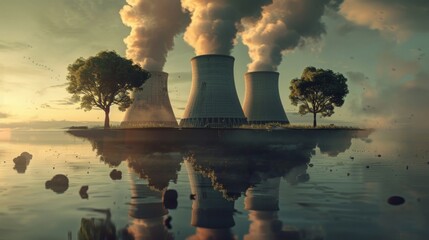 Wall Mural - Cooling towers of a nuclear plant in a surreal, dreamlike setting, with unexpected elements like floating islands and unusual lighting. --ar 16:9 --style raw 