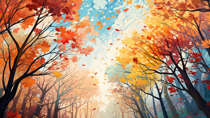 Wall Mural - Vibrant Autumn Forest Canopy with Sunlight Filtering Through