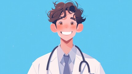 Sticker - Illustration of a youthful and cheerful doctor wearing a stethoscope symbolizing a medical specialist in the field of medicine This cartoon 2d character is depicted in a charming and simple 