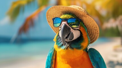 Relaxing parrot with sun hat and sunglasses on beach.