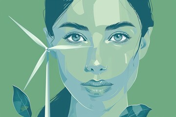 Wall Mural - portrait of hopeful girl with wind turbine for green energy and co2 reduction concept illustration