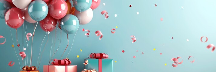 Poster - illustration with dark blue balloons and gift boxes. Glossy metallic composition with empty space for birthday, party