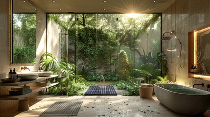 Wall Mural - A luxurious bathroom with eco-friendly fixtures and a view of a solar panel garden --ar 16:9 --seed 62677782 --stylize 250 Job ID: f65b44e0-1a77-4ebf-8dcf-a130fade625f
