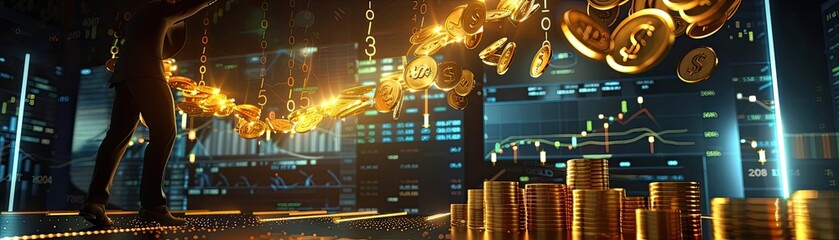 Futuristic digital currency mining concept with stacks of gold coins and chain links in a cyber environment illustrating wealth and innovation.