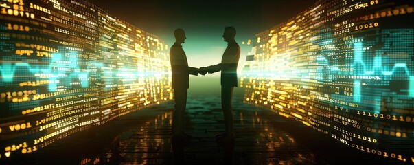 Two business professionals shaking hands in a digital futuristic environment, symbolizing technology and partnership.