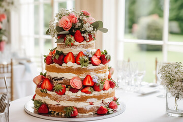 Wall Mural - Strawberry cake for wedding, birthday and party celebration, holiday dessert event food catering, country cottage style, post-processed, generative ai
