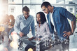 © peopleimages.com - Business people, laptop and meeting with double exposure at office for corporate infrastructure, design or research and development. Group of young employees working together on computer for teamwork
