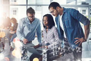 Leinwandbilder - Business people, laptop and meeting with double exposure at office for corporate infrastructure, design or research and development. Group of young employees working together on computer for teamwork