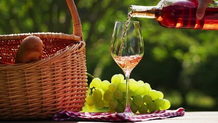 Wall Mural - A picnic basket with fruit and wine on the table