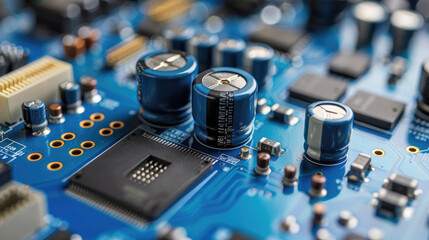 Wall Mural - A close-up of a circuit board. The board is blue and has many electronic components on it, including capacitors, resistors, and transistors. 