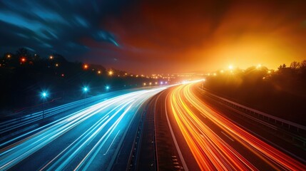 Canvas Print - A long exposure photo of a highway at night. 