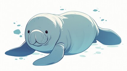 Wall Mural - A charming cartoon of a manatee set against a white backdrop