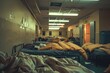 © Julia D - Empty emergency shelter room with rows of beds and blankets
