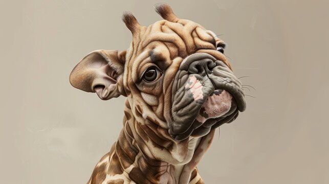 Photorealistic digital art creation of a bulldog with giraffe-like characteristics