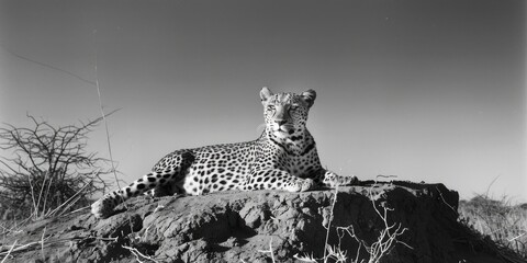 Wall Mural - a leopard is laying on a rock in the desert. the image has a mood of solitude and calmness