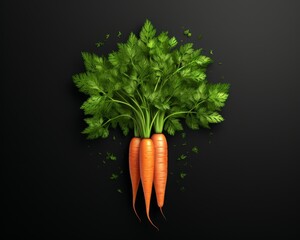 Poster - Fresh carrots with vibrant green leaves against a dark background. Ideal for healthy eating and organic lifestyle imagery.
