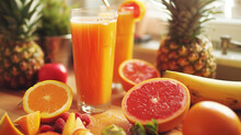 A Tall Transparent Glass Of Orange Juice On A Wooden Table Surrounded By Many Fruits, Citruses And Berries In A Home Kitchen. Oranges, Pineapples, Bananas And Raspberries. Juicing