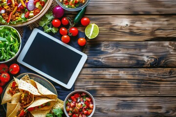 Canvas Print - A table with a white tablet and a variety of food, including a bowl of salsa. Scene is casual and inviting, as it seems like a gathering of friends or family sharing a meal together