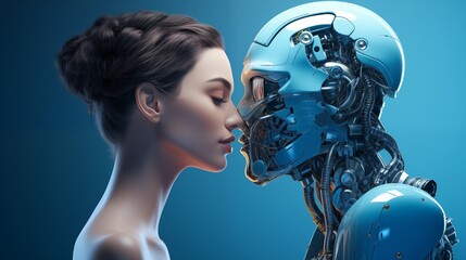 Wall Mural - Intellectually charming 3D rendering of a robot and girl sharing a kiss on a blue background