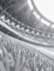 Wall Mural - A stadium with a wet grass field. The stadium is empty and the rain is falling