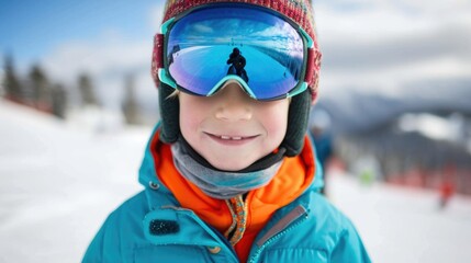 Sticker - A young girl wearing a blue jacket and orange scarf is smiling at the camera. She is wearing goggles and a hat, and she is enjoying herself while skiing