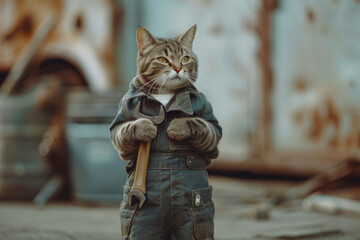 Wall Mural - A cat is wearing a mechanic's outfit and holding a wrench. The image has a playful and humorous mood, as it is not common to see a cat dressed in a mechanic's outfit