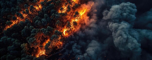 Wall Mural - Aerial view of a forest fire with intense flames and thick smoke engulfing the trees, highlighting the destructive power of nature.