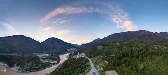 Wall Mural - Aerial panorama of Canadian Mountain Landscape in Valley. Sunny Sunset