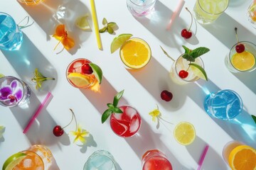 Wall Mural - A colorful array of drinks with straws in them, including cherry and lime. The drinks are arranged in a pattern on a white background