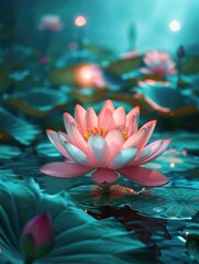 Wall Mural - A pink flower is floating in a pond with other flowers. The pond is surrounded by green plants and the water is calm. The image has a serene and peaceful mood