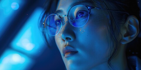 Wall Mural - A woman with blue glasses looking at something. The image has a futuristic feel to it. The woman's eyes are glowing, giving the impression that she is looking at something important or interesting