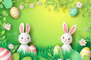 Wall Mural - Two rabbits are standing in a field of grass with a bunch of Easter eggs scattered around them. The scene is bright and cheerful, with the rabbits and eggs adding a sense of playfulness