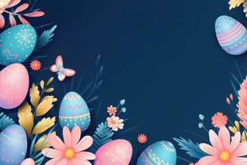 Wall Mural - A blue background with a bunch of colorful eggs and flowers. The eggs are in various sizes and colors, and the flowers are pink and yellow. Scene is cheerful and playful, with the eggs