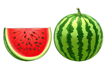 Fresh whole and sliced watermelon with a vibrant red interior and green striped outer shell, isolated on transparent background