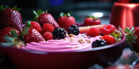 Wall Mural - A bowl of mixed berries and yogurt. The bowl is red and the berries are red and black