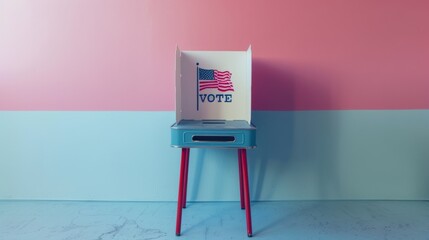 A voting booth ballot box sits in a colorful, empty room