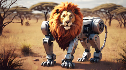 Wall Mural - Robot lion in the savannah safari, Generative AI