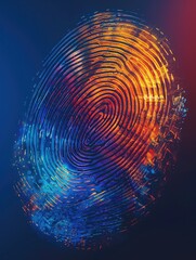 Wall Mural - A colorful, abstract finger print with a blue and orange swirl. The image is a representation of a fingerprint, but it is not a realistic depiction. The colors and patterns create a sense of movement