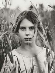 Wall Mural - A girl is standing in a field of tall grass. She is wearing a white shirt and has a nose piercing. The image has a moody and somewhat eerie feel to it, as the girl is surrounded by the tall grass