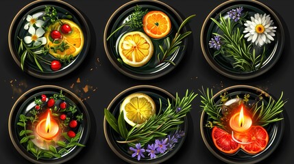 Poster - A collection of plates with various fruits and herbs, including oranges, lemons, and basil. The plates are arranged in a way that creates a warm and inviting atmosphere