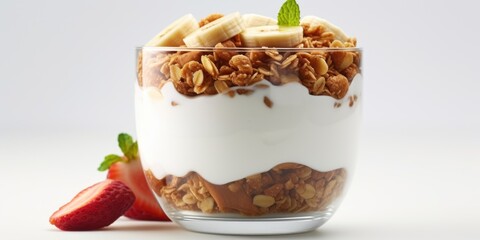 Wall Mural - A bowl of cereal with bananas and strawberries. The bowl is half full and the cereal is crunchy