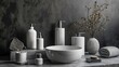 © vefimov - A bathroom with a white sink and a variety of white bathroom items. The bathroom is clean and organized, with a sense of calmness and order
